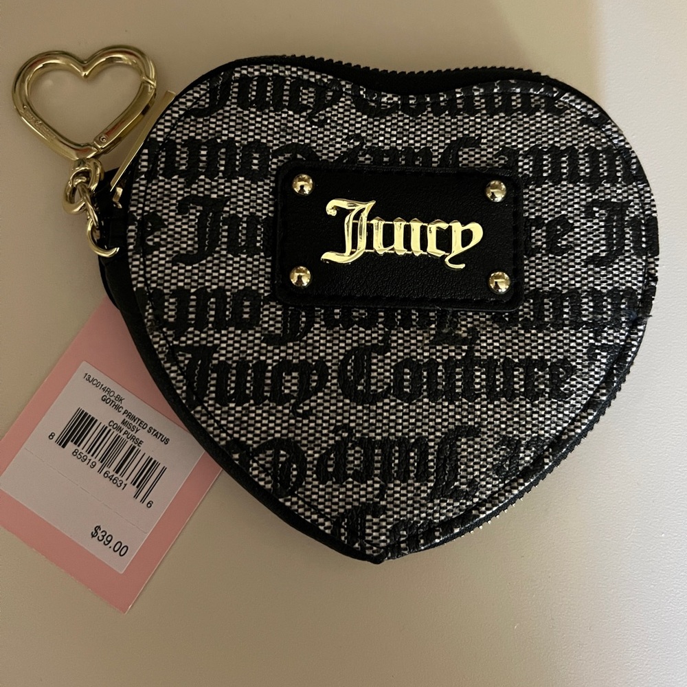 New juicy couture-gothic status black heart zip around coin purse